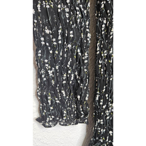 ACOA Womens Mini Dress Medium Black White Floral Smocked Long Sleeve Ruffle Boho - Picture 4 of 12